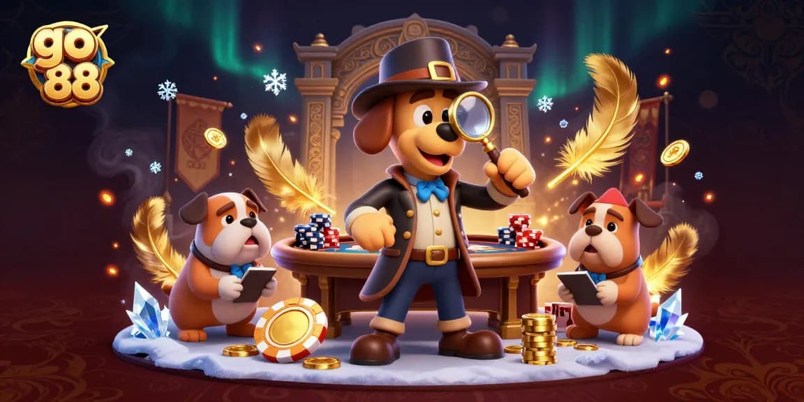 Engage with go 88's thrilling poker scene featuring a detective investigating clues in a rich casino atmosphere.