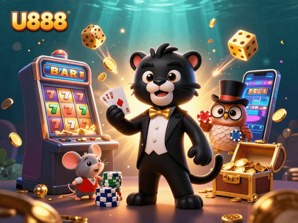 Experience U888's vibrant casino scene with playful characters and exciting gaming elements.