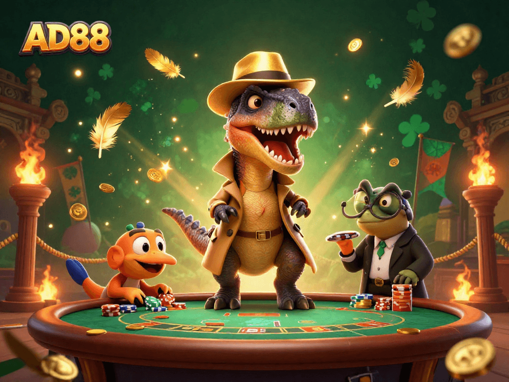 AD88 showcases a vibrant 3D casino scene with a velociraptor card counter at a blackjack table.