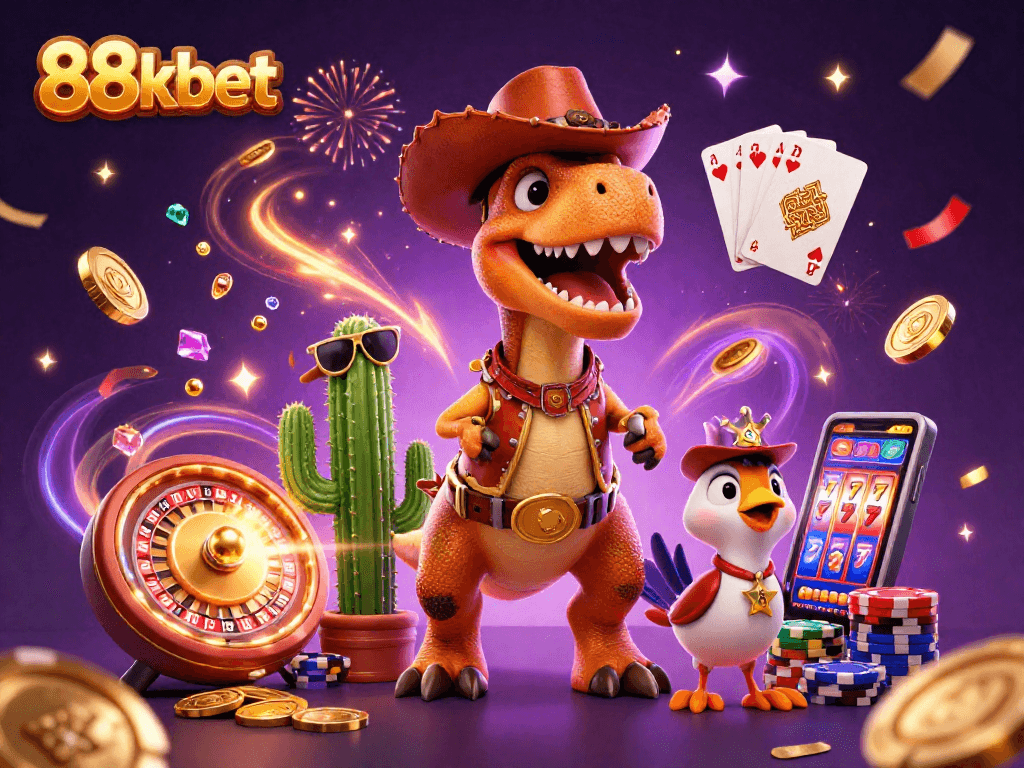 Experience thrilling gameplay with 88kbet in this vibrant 3D casino scene featuring engaging characters and casino elements.