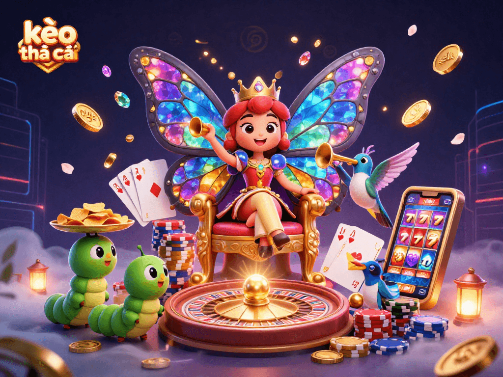 Engage with kèo nhà cái through this vibrant 3D illustration of colorful characters and casino elements.