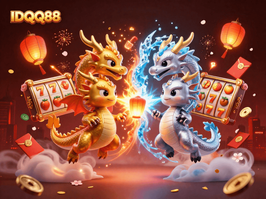 Experience thrilling gameplay with IDQQ88, featuring a dynamic scene of dragons and slot reels.