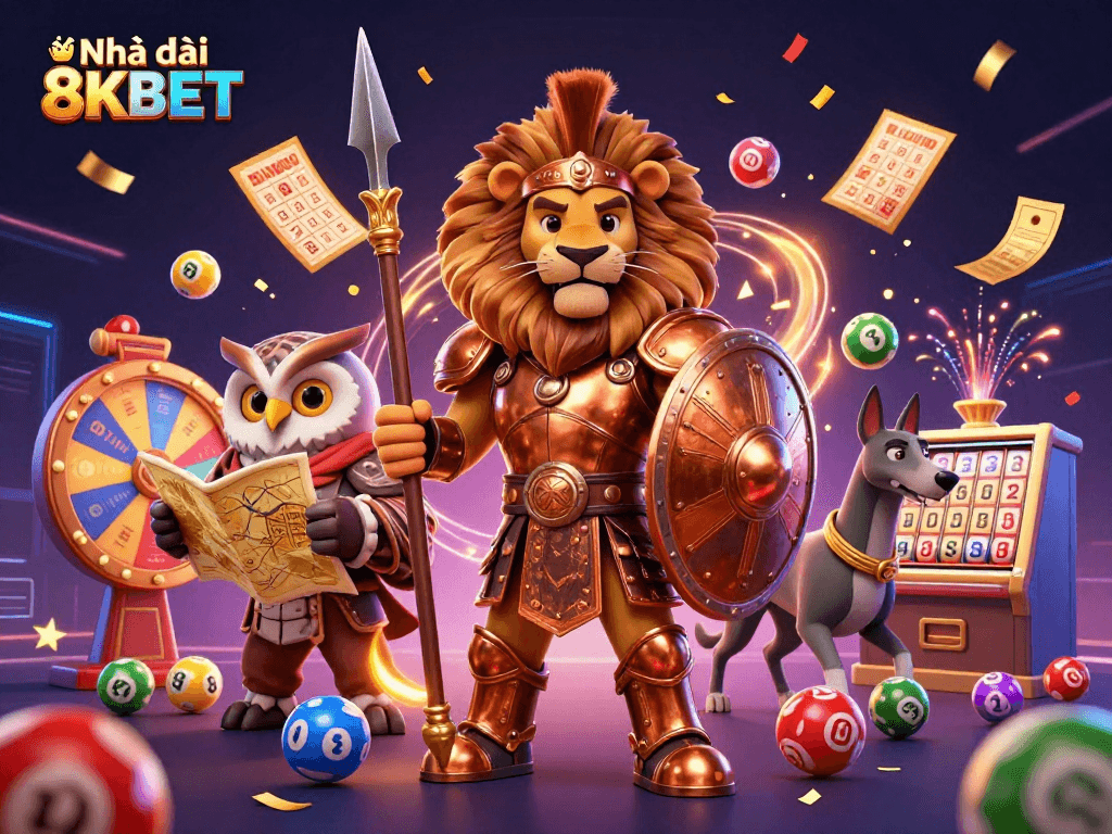 Engage with Nhà cái 8KBET in a vibrant 3D casino scene showcasing dynamic gaming elements.