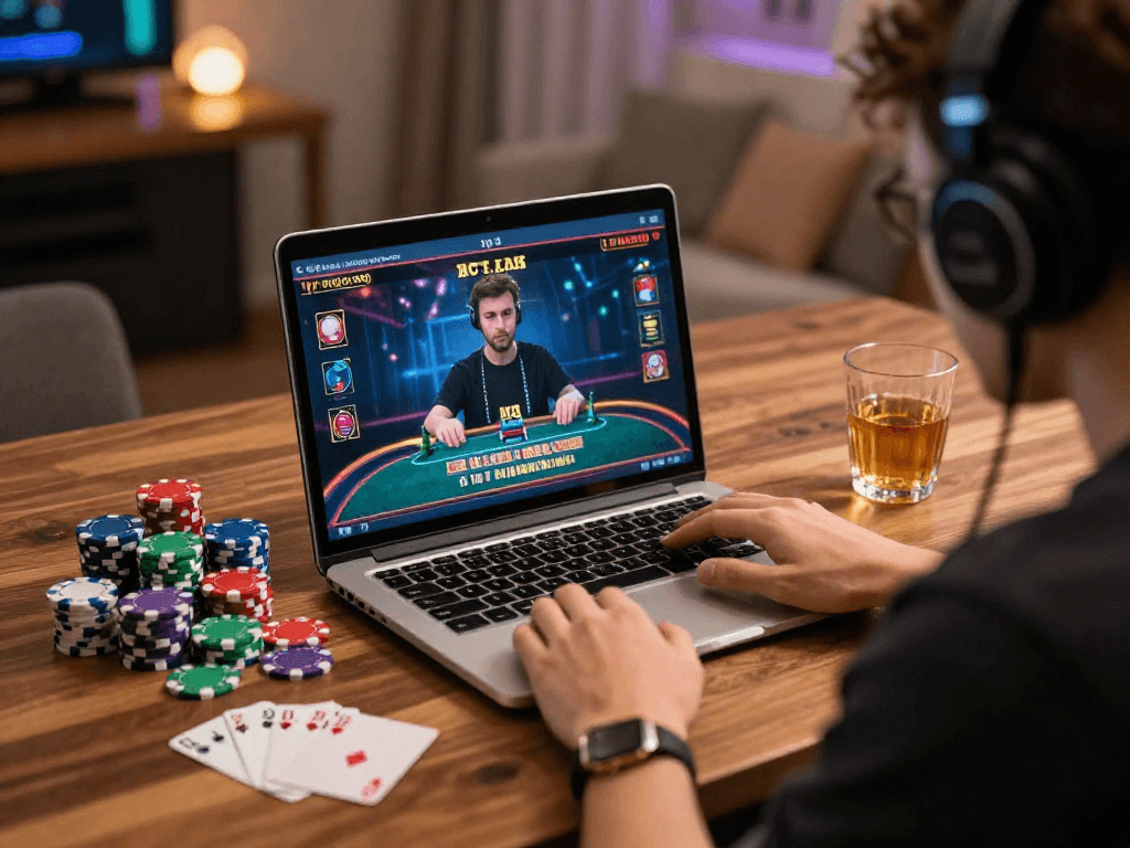 먹튀폴리스와 온라인 도박을 즐기는 모습, 게임 장비와 음료가 어우러진 세련된 테이블 환경