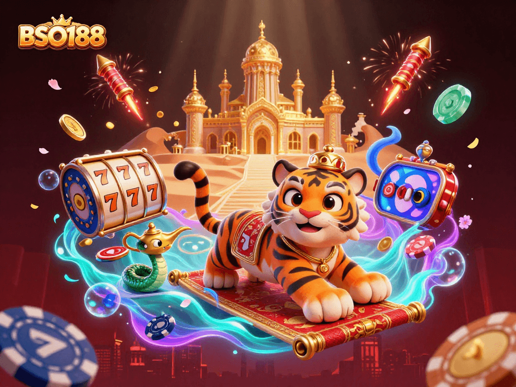 Engage with BSO188's thrilling slot reels in a vibrant 3D casino scene.