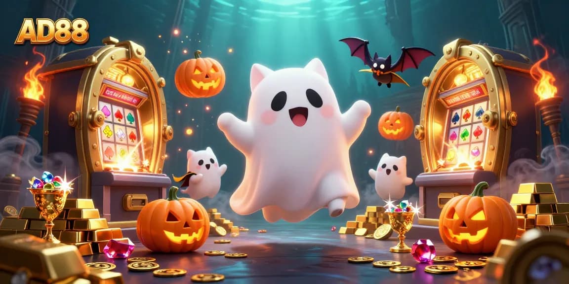 Engage with AD88's vibrant gaming experience featuring a friendly ghost cat and treasures.