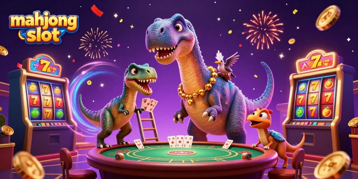 Permainan mahjong slot menarik dengan dinosaur dan raptor di kasino, penuh energi dan detail.