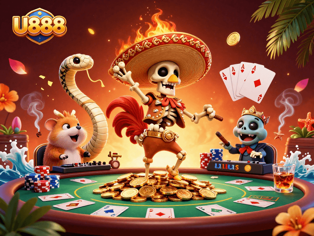 U888 showcases an exciting victory dance with a mariachi rooster, mummy snake, and DJ hamster amid poker thrills.