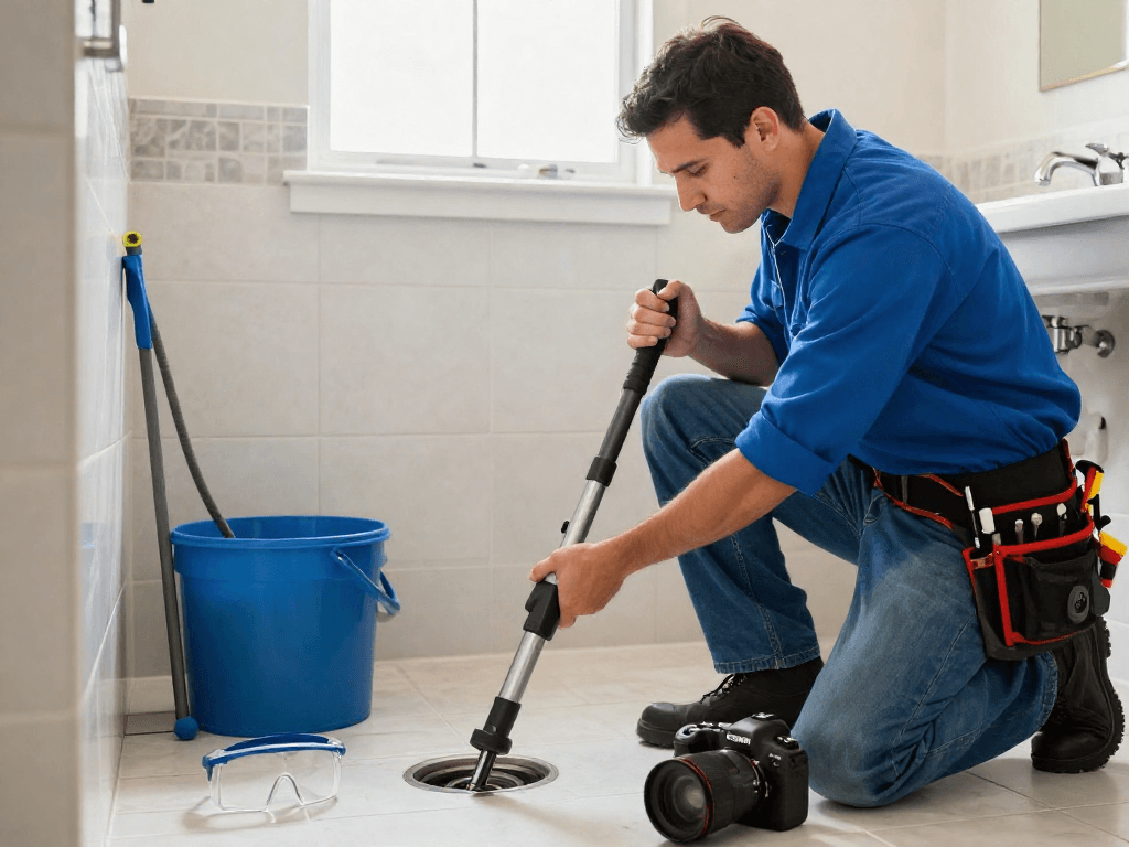 Professional plumber performing drain cleaning Fort Worth service in a bright bathroom environment.