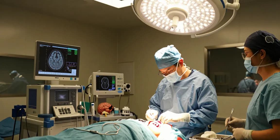 Neurosurgeon performing beyin tümörü ameliyatı in a modern surgical room, highlighting high-tech equipment and focused expertise.