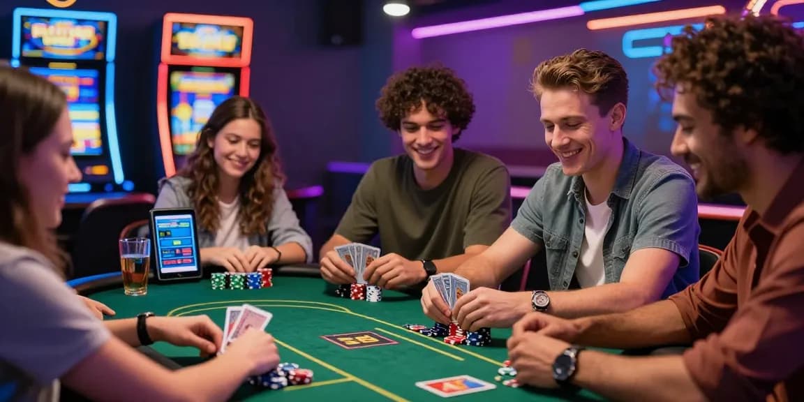 Friends enjoying a lucky77 online poker game in a vibrant casino atmosphere, filled with energy and excitement.