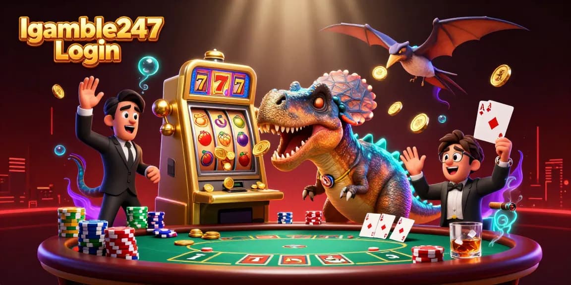 Igamble247 Login showcases a pachycephalosaurus hitting a slot machine for golden coins in a vibrant 3D scene.
