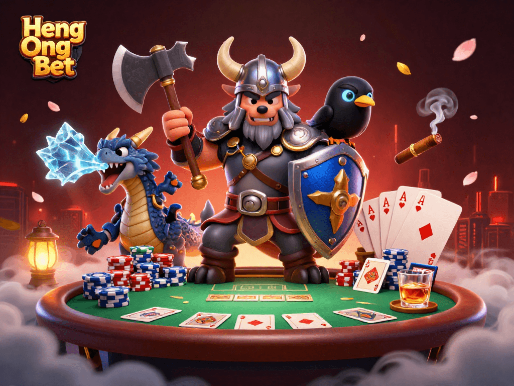 Engage in thrilling casino action with Heng Ong Bet's vibrant 3D illustration of poker gameplay.