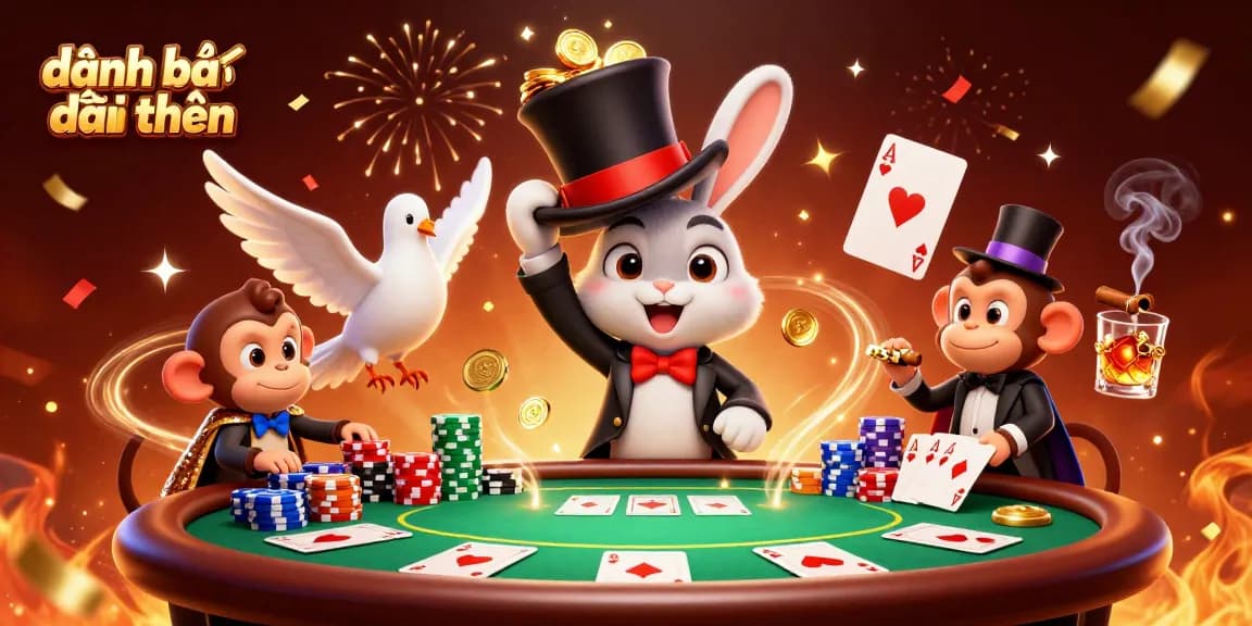 Experience the excitement of đánh bài đổi thưởng with a lively scene featuring a magician rabbit, dove assistant, and monkey, immersed in poker!