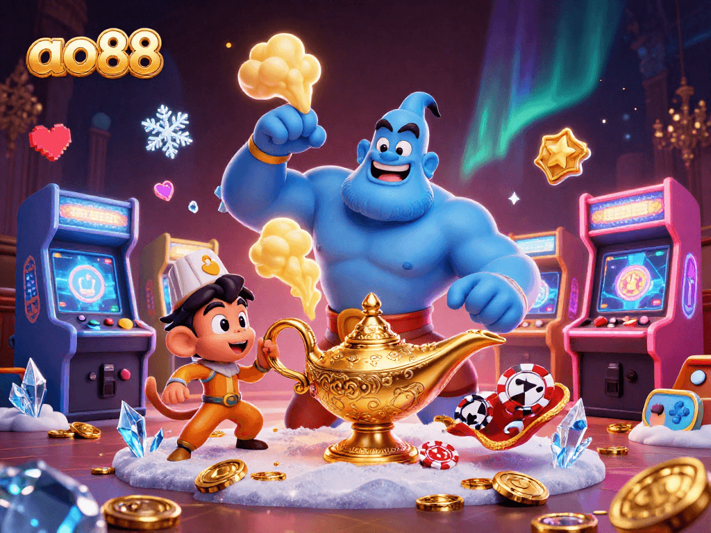 Experience thrilling gaming action with ao88's vibrant 3D casino illustration featuring magic elements.