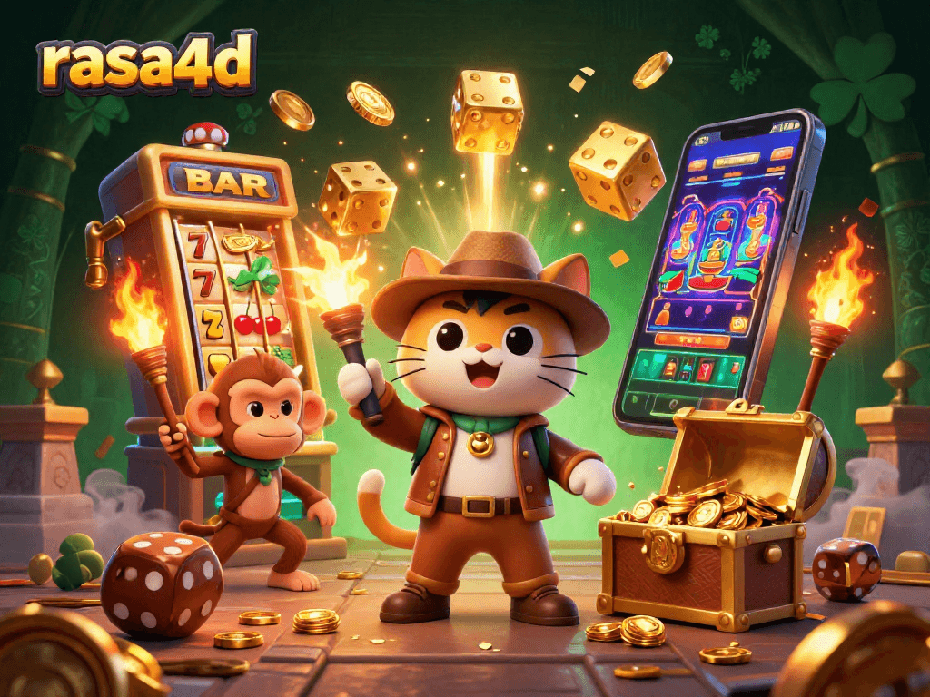 Menggunakan rasa4d, kucing arkeolog 3D menemukan artefak kasino emas di kuil, dikelilingi mesin slot dan koin.