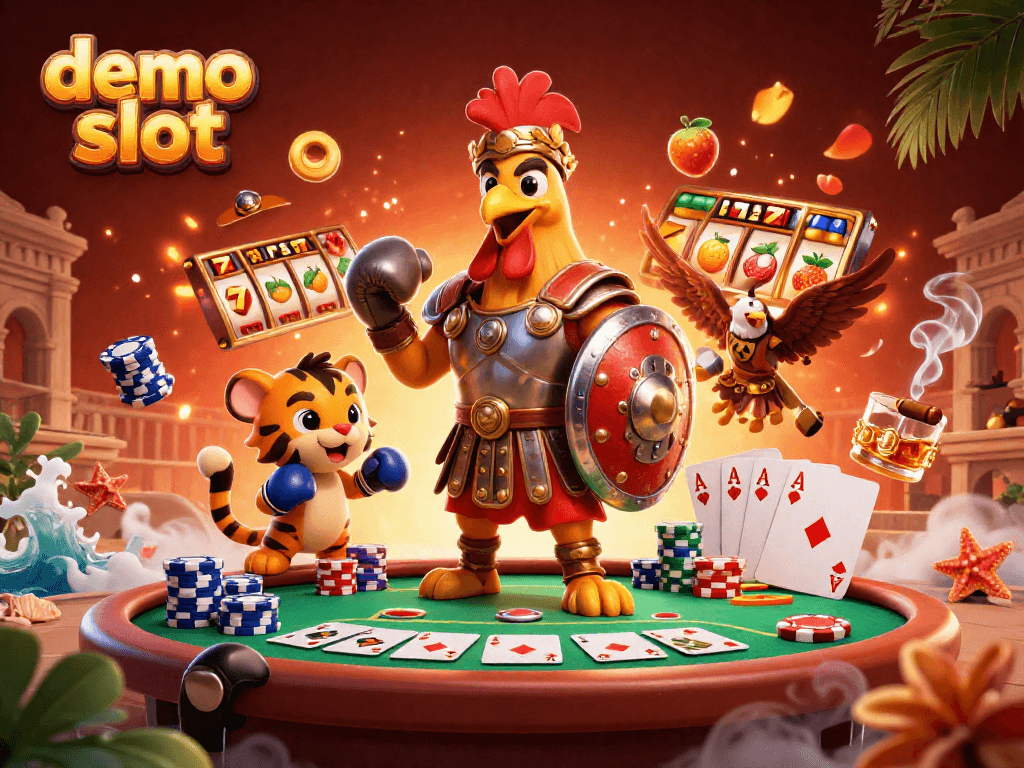 Permainan demo slot di atas meja poker, menampilkan ayam jantan pahlawan dan harimau kecil