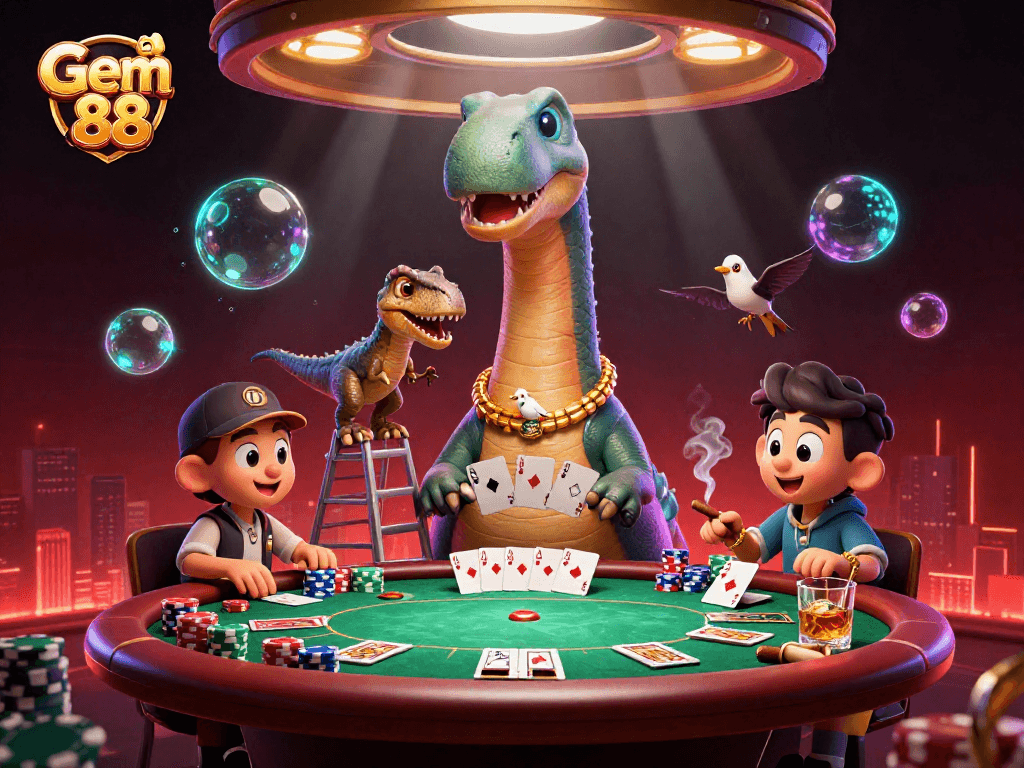 Experience excitement at Gem 88 with a vibrant casino scene featuring a playful dinosaur poker game.