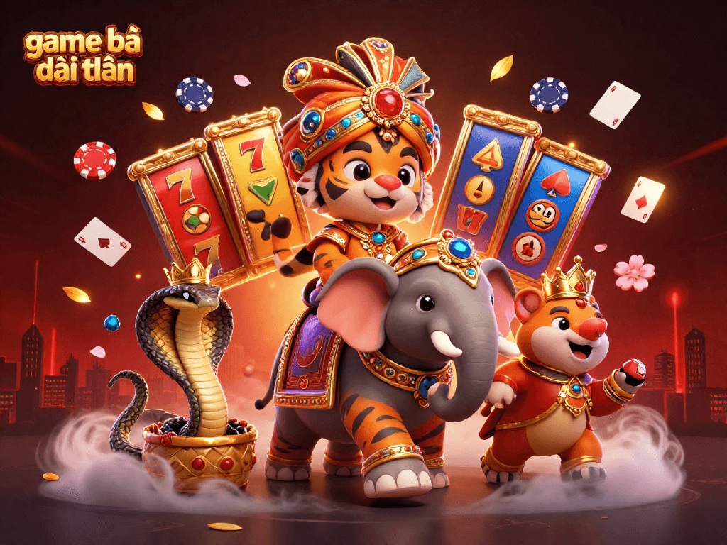 Engage with game bài đổi thưởng as an Indian maharaja tiger rides an elephant among casino elements.