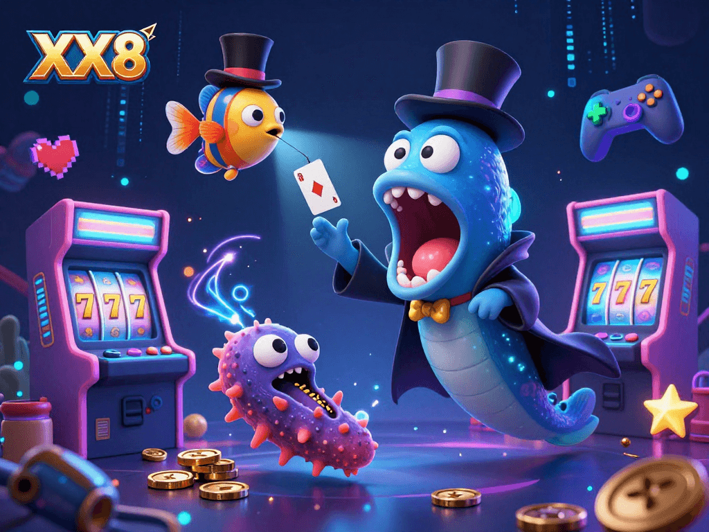 Experience the vibrant world of XX8 with a captivating 3D illustration of casino action and magical performances.