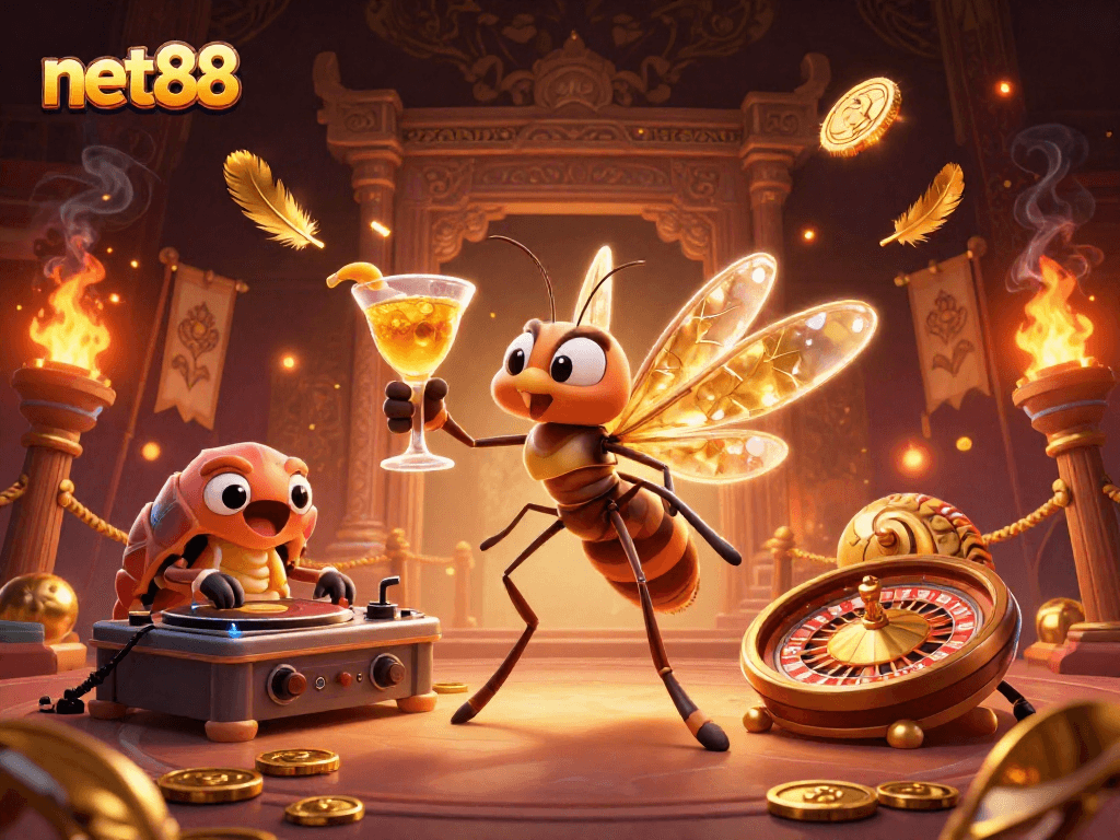 Experience an exciting game scene with net88's frozen-in-amber mascot and lavish casino elements.