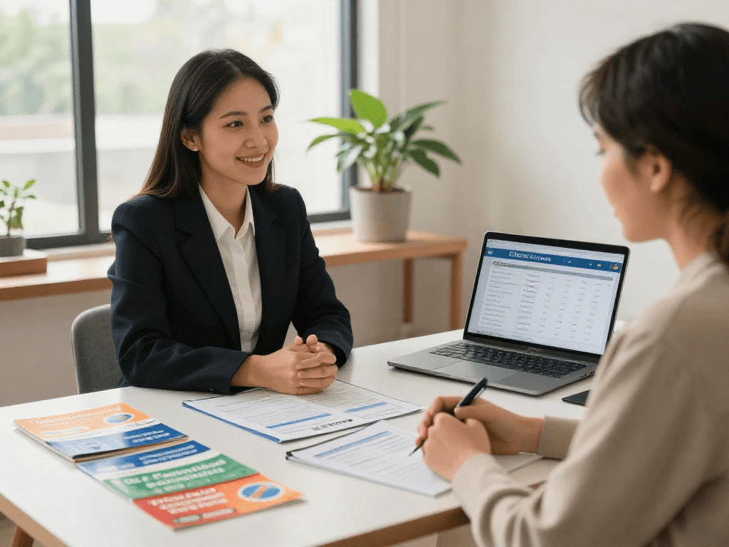 Financial counselor discussing credit consolidation options with a client in a welcoming office environment.
