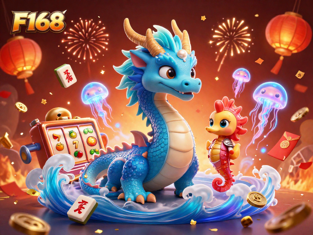 Engage with F168's exhilarating online gaming experience featuring vibrant aquatic characters and festive elements.