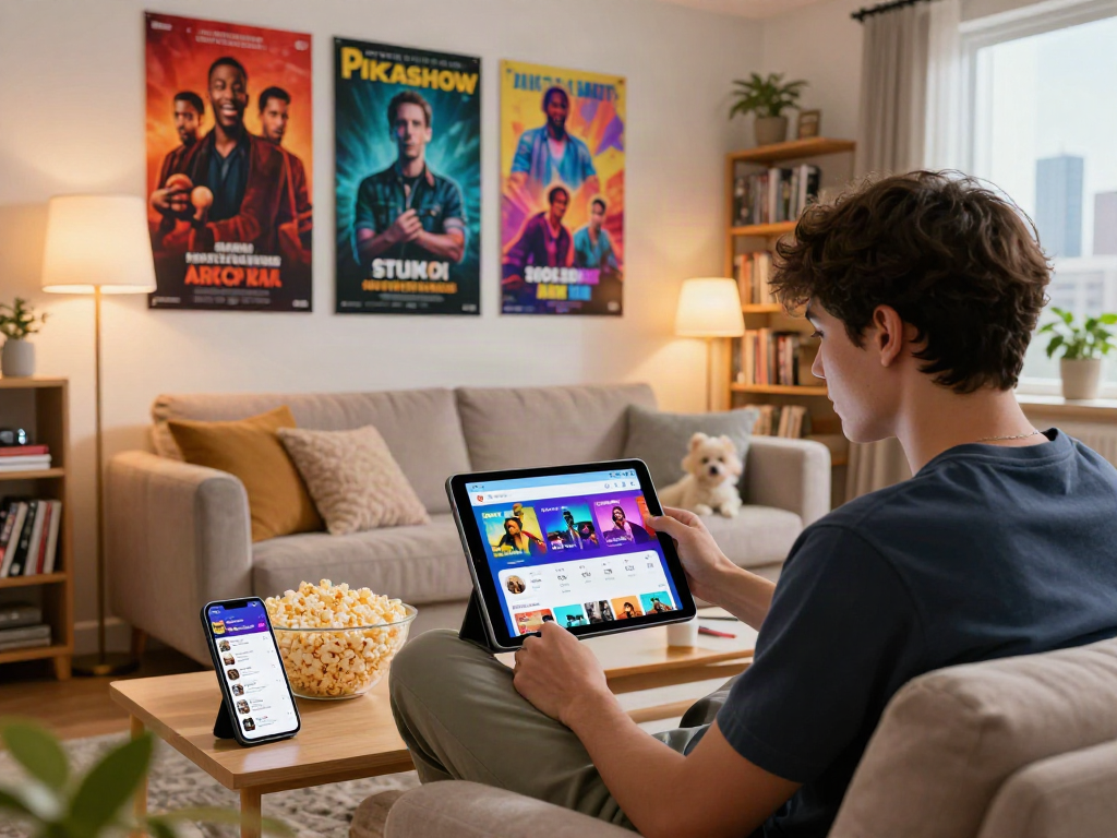 Pikashow user enjoying streaming content in a cozy living room with tablet and vibrant decor.