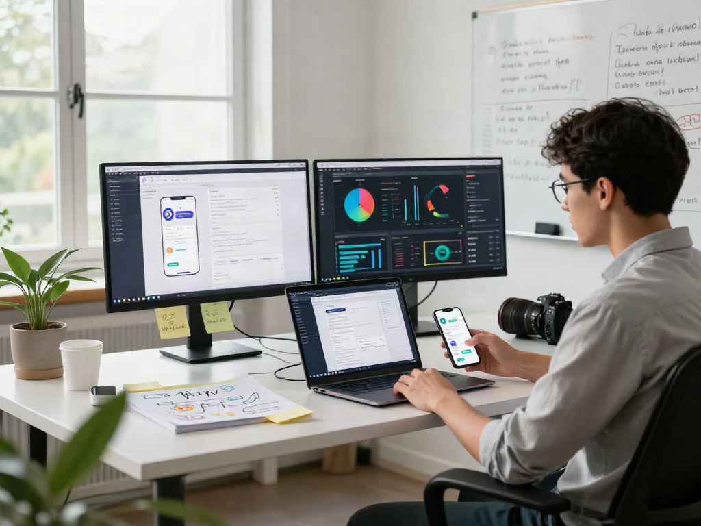 Developer showcasing gb whatsapp features in an innovative mobile app workspace
