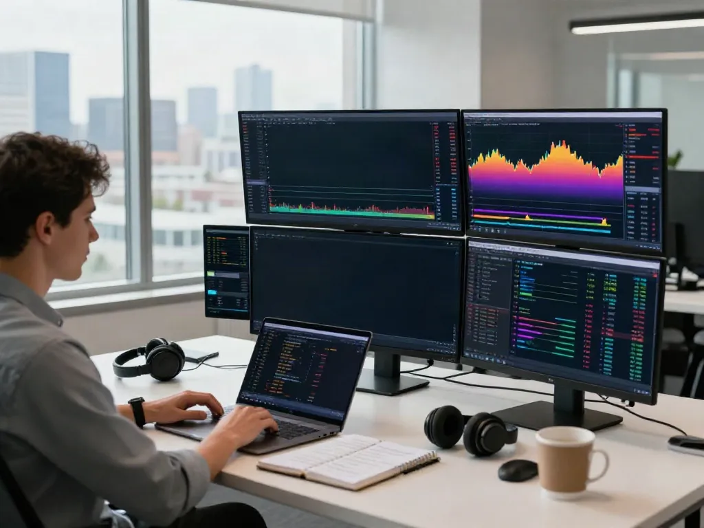 Trader using TradingView on multiple screens in a modern office