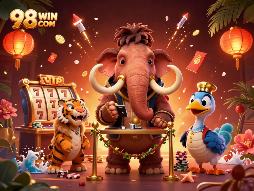 Engage with 98 WIN COM at the vibrant online casino featuring colorful characters and iconic gambling elements.