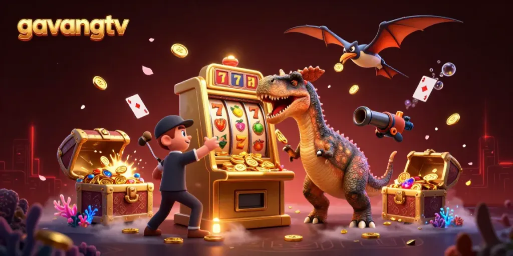 Gavangtv gaming adventure with a dinosaur jackpot scene featuring vivid characters and casino elements.