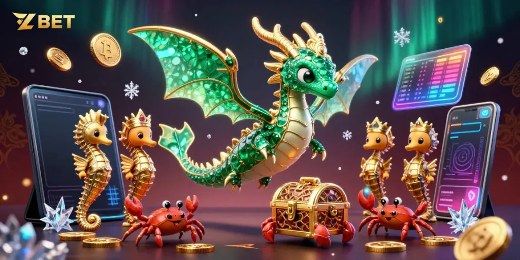 Engage with ZBET's vibrant virtual gaming atmosphere featuring sea creatures and crypto elements.