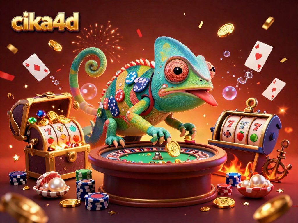 Cika4d showcased in a vibrant chameleon-themed casino, featuring lively spins and winnings.