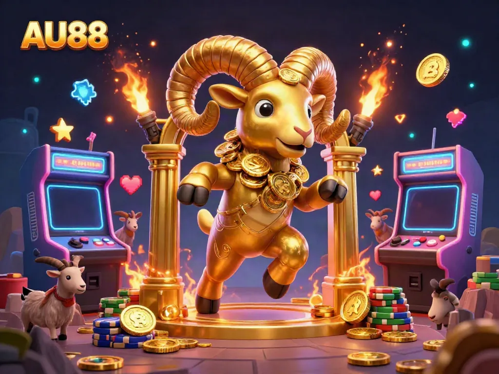 Experience AU88 with a golden ram charging through a dynamic casino scene filled with arcade-style excitement.