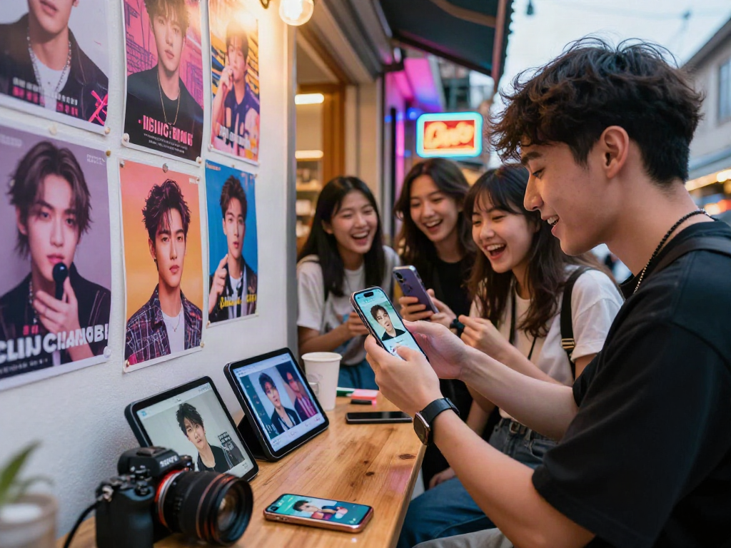 Discover your celebrity look alike with engaging apps in a vibrant urban scene.