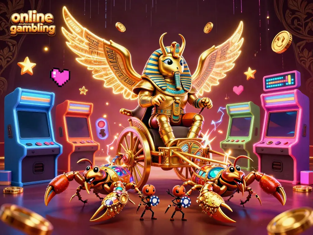 Engage with dynamic online casino gambling scene featuring a golden scarab beetle, vibrant arcade elements, and poker chips.