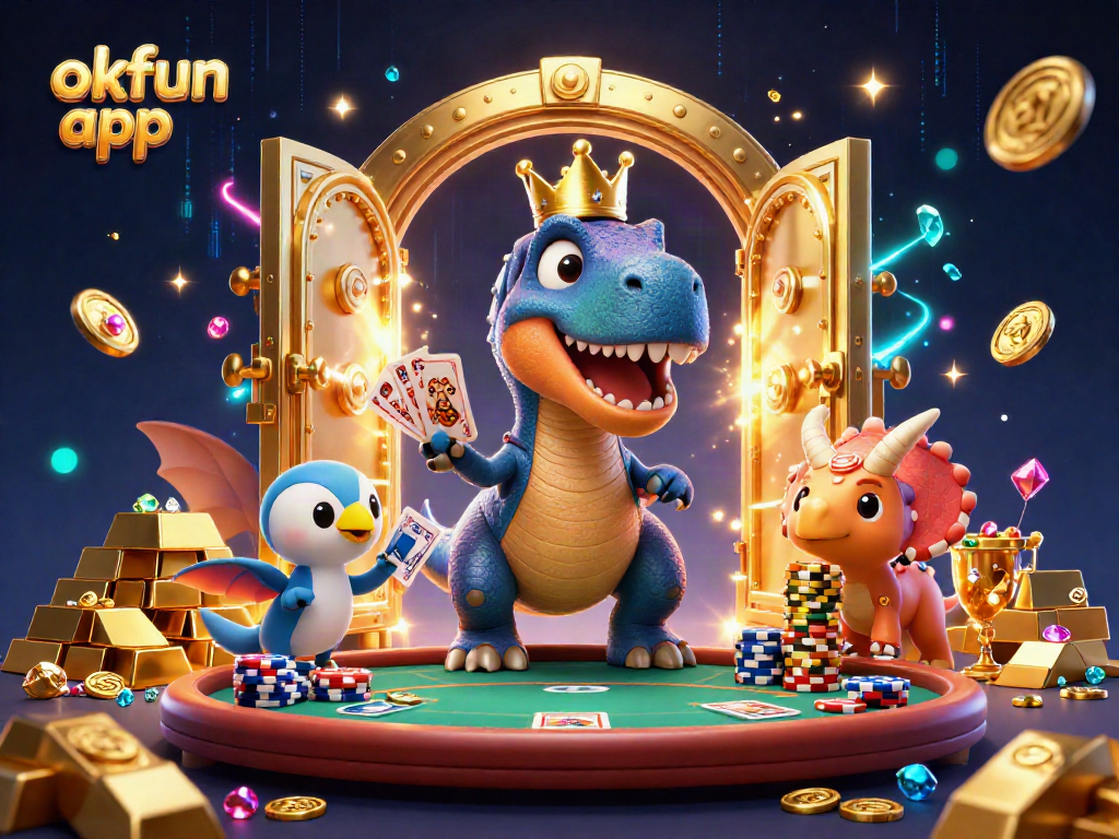 Experience the thrill of the okfun app with a playful T-Rex and friends in a vibrant casino scene.