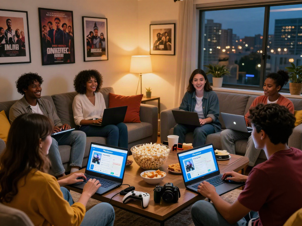 Friends enjoying Pikashow app on devices in a cozy living room.
