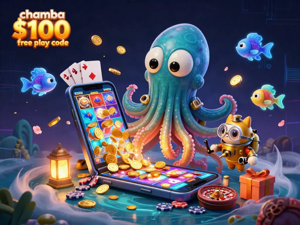 Engage with the Chumba Casino $100 free play code amidst a vibrant underwater casino scene featuring playful characters and thrilling game elements.