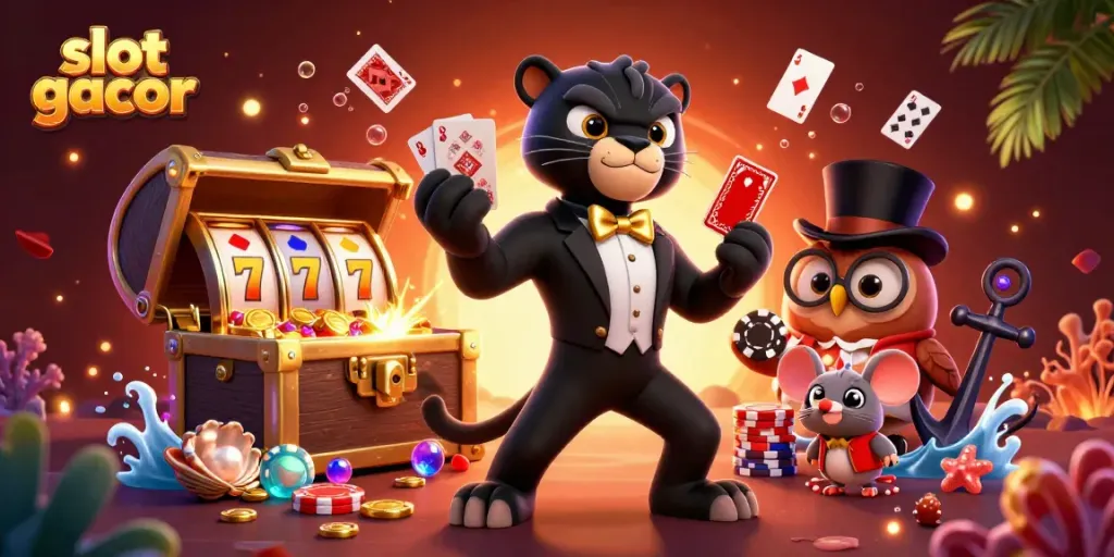 Engage with slot gacor excitement in this vibrant, dynamic casino scene featuring unique characters.