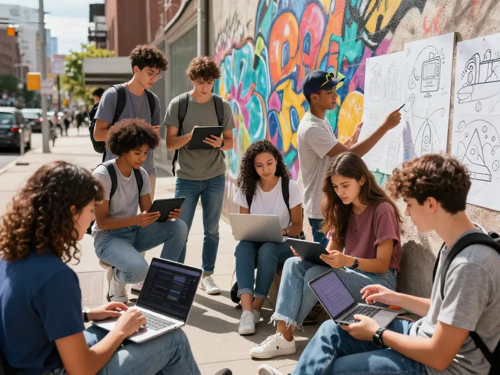 Diverse teenagers exploring AI technology in an urban setting, representing elligilgal.com.