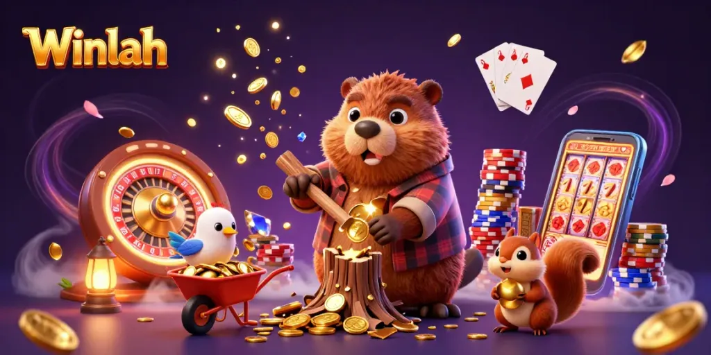 Winlah promotes thrilling gameplay with golden coins and lively characters in a casino adventure.