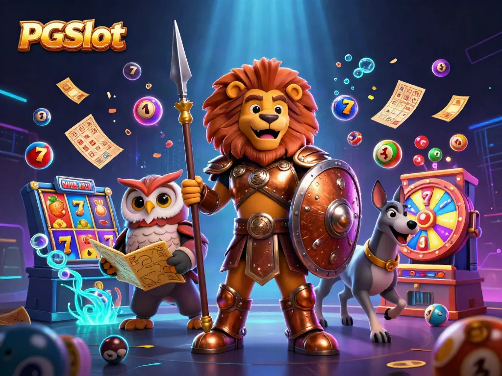 Engage with PGSlot's thrilling action in a vibrant, detailed 3D gambling illustration featuring slots, jackpots, and more.