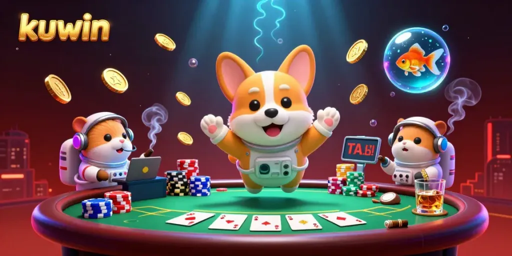 Win big with kuwin in this vibrant 3D casino scene featuring playful characters and floating chips.