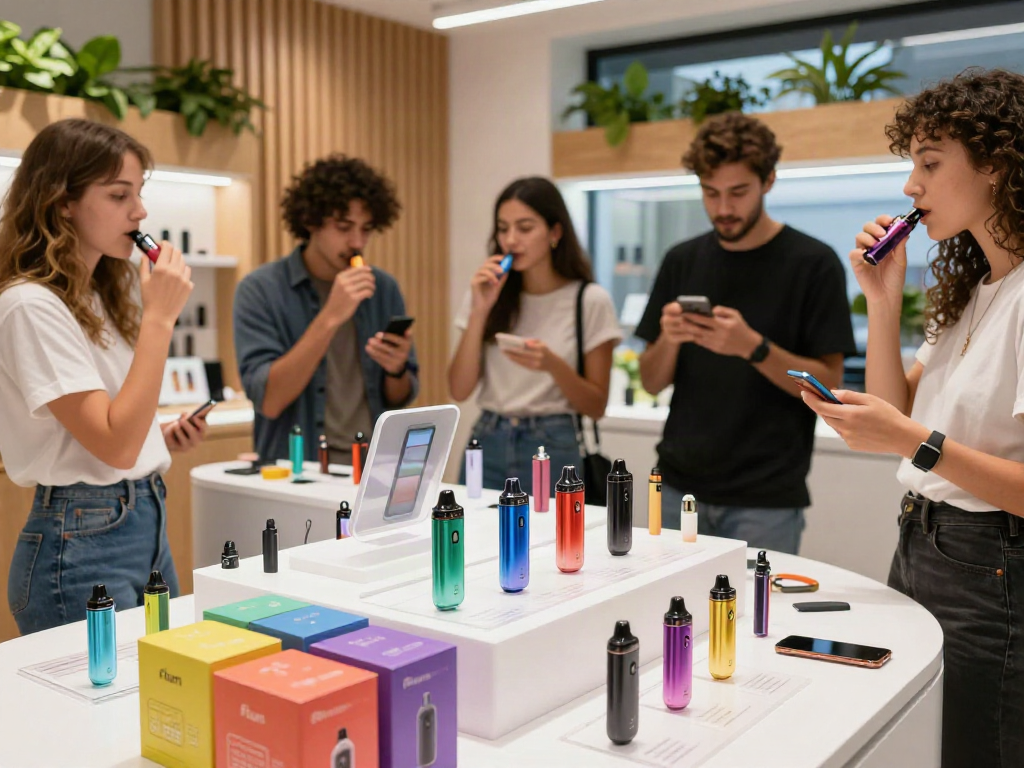 Engaging display of Flum disposable vape devices in a modern retail environment, highlighting vibrant flavors.