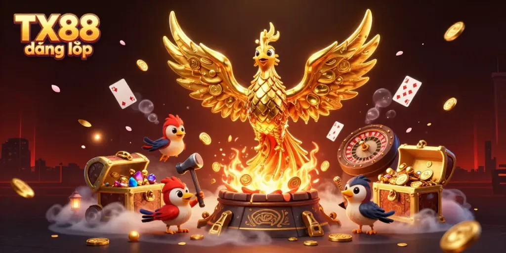 Engage with TX88 đăng nhập through a vivid 3D casino scene featuring golden phoenix and gaming elements.