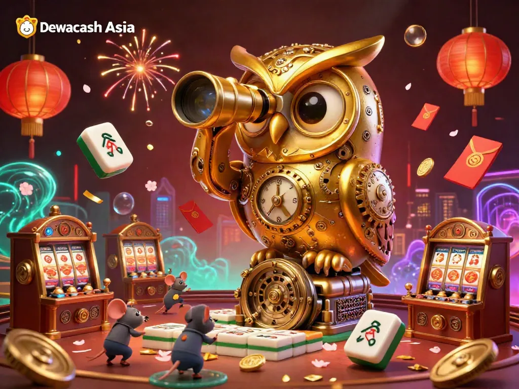 Dewacash Asia showcases an enchanting 3D casino scene with a golden owl and lively mouse patrons amid vibrant gaming elements.