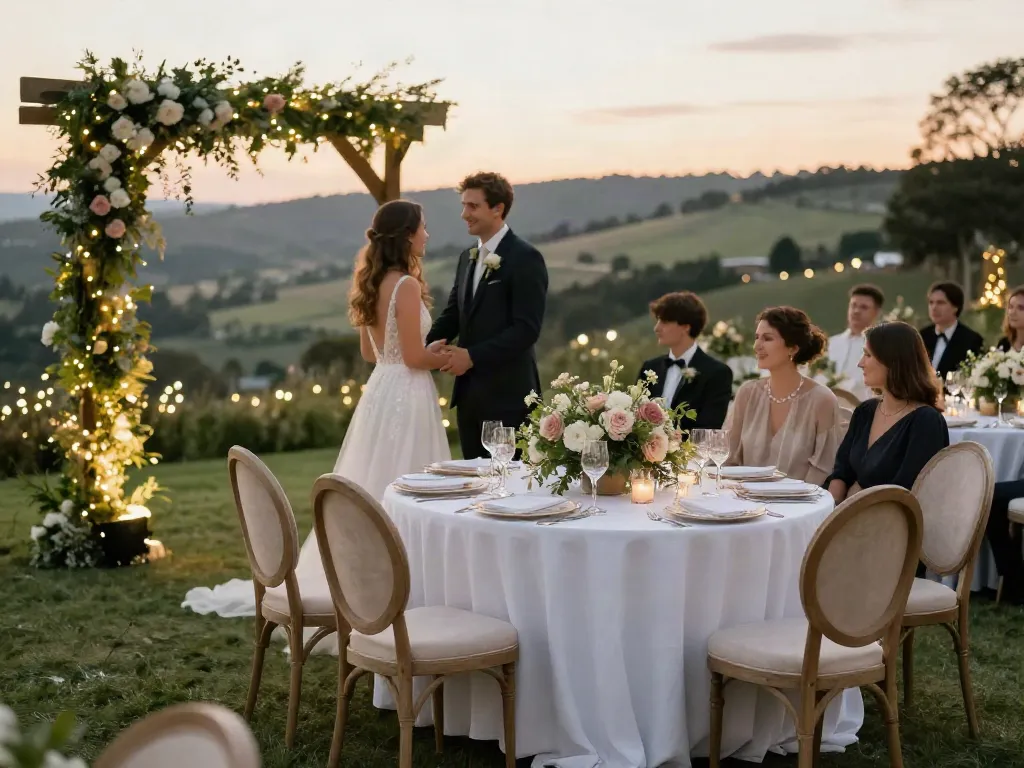 Event furniture rental showcased in a romantic outdoor wedding setup with stylish decor and elegant settings.