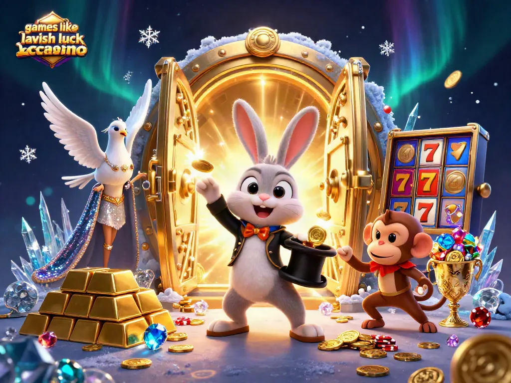 Win big with games like lavish luck casino as a cartoon magician rabbit pulls golden coins.